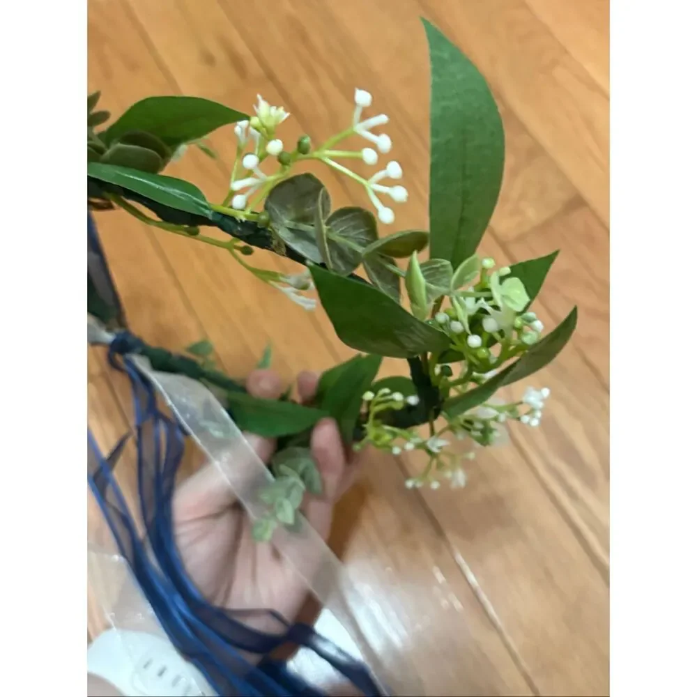 Girls Handmade Faux Flower Crown with Navy and White Bow Ribbon